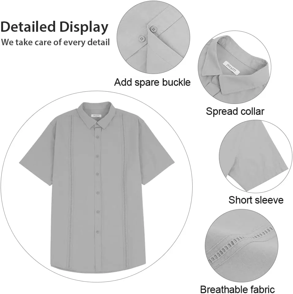 Mens Casual Linen Cotton Button Down Short Sleeve Shirts Cuban Camp Guayabera Beach Tops