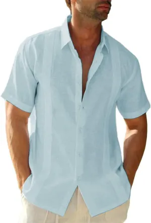 Mens Casual Linen Cotton Button Down Short Sleeve Shirts Cuban Camp Guayabera Beach Tops