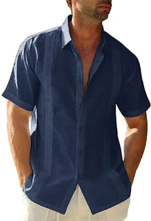 Mens Casual Linen Cotton Button Down Short Sleeve Shirts Cuban Camp Guayabera Beach Tops
