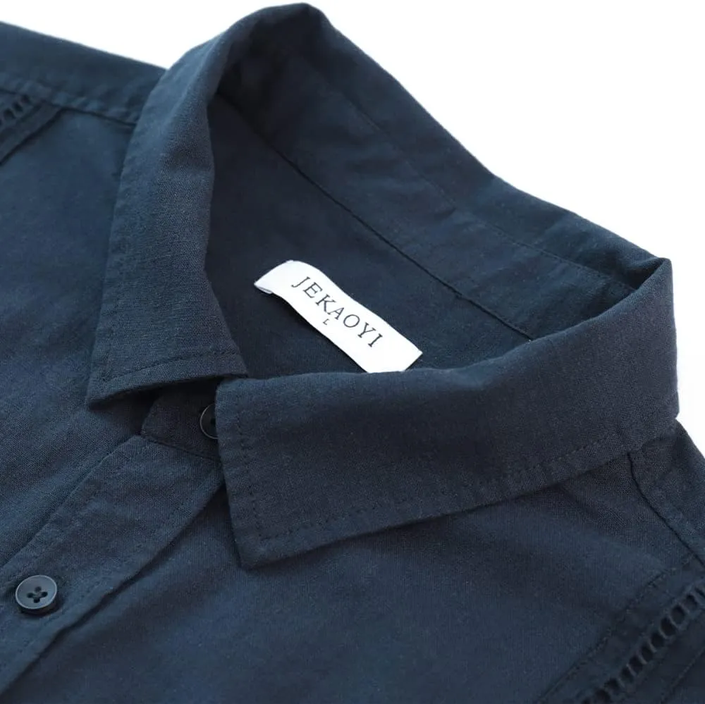 Mens Casual Linen Cotton Button Down Short Sleeve Shirts Cuban Camp Guayabera Beach Tops
