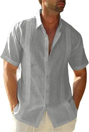 Mens Casual Linen Cotton Button Down Short Sleeve Shirts Cuban Camp Guayabera Beach Tops