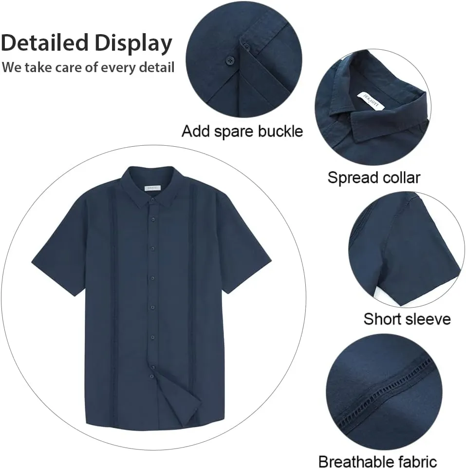 Mens Casual Linen Cotton Button Down Short Sleeve Shirts Cuban Camp Guayabera Beach Tops