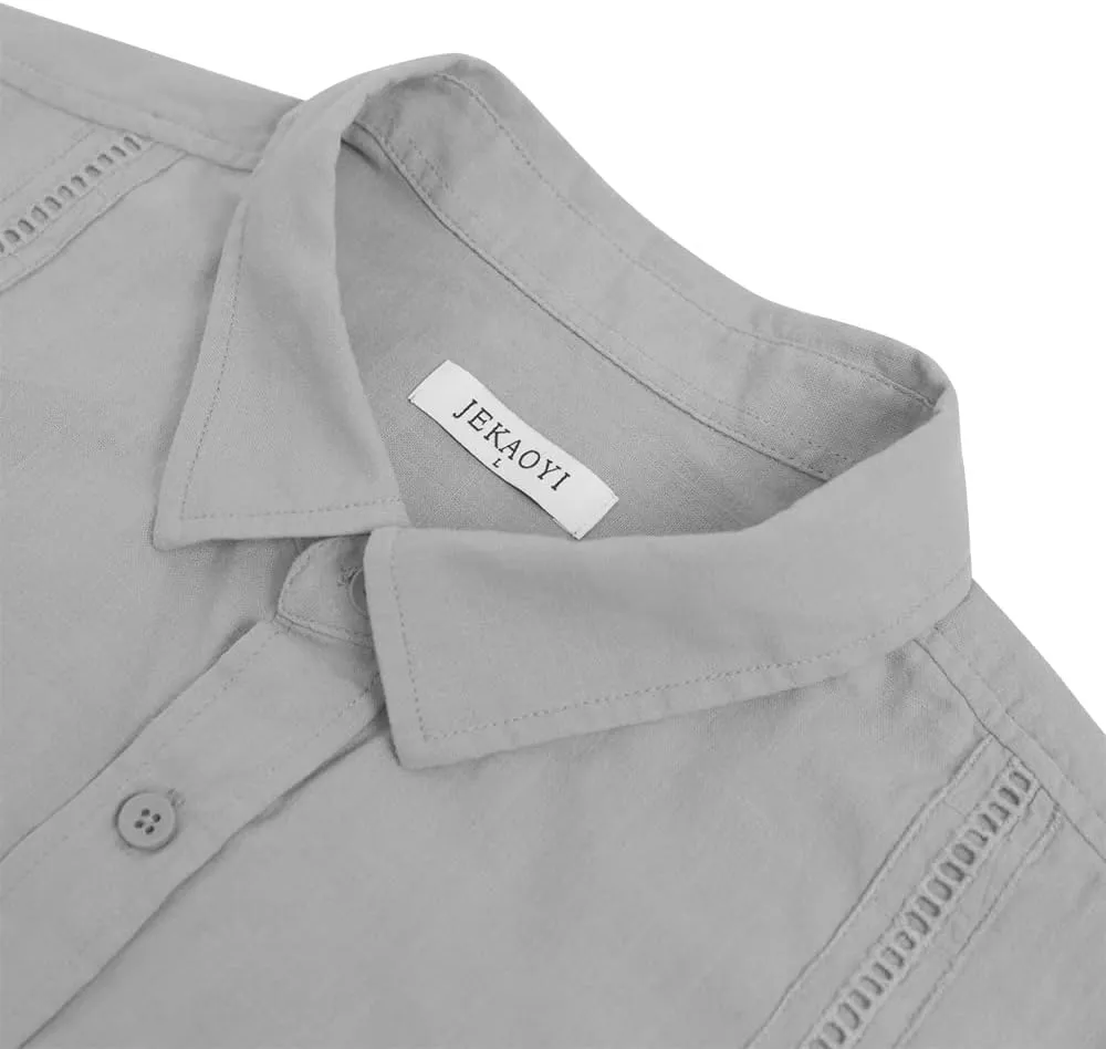 Mens Casual Linen Cotton Button Down Short Sleeve Shirts Cuban Camp Guayabera Beach Tops