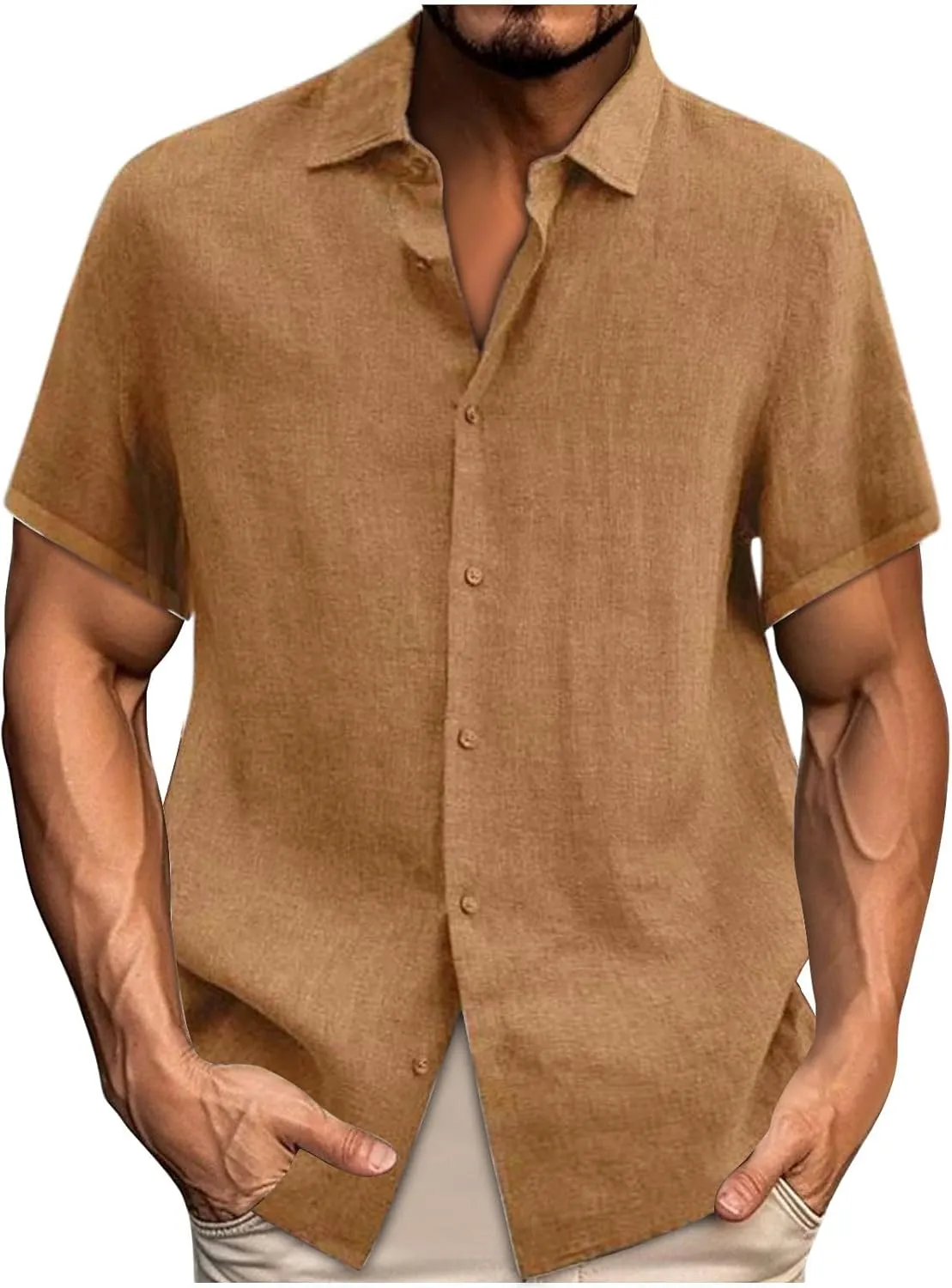 Men's Cotton Linen Button Down Shirts Short Sleeve Summer Beach Shirt Hawaiian Casual Shirt Blouse Business Tops