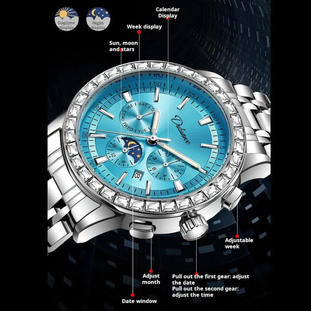 Men's Fashion Gemstone Bezel Automatic Mechanical Watch Moon Phase Stainless Steel Luxury Wristwatch Waterproof Luminous Week Calendar Display Watches