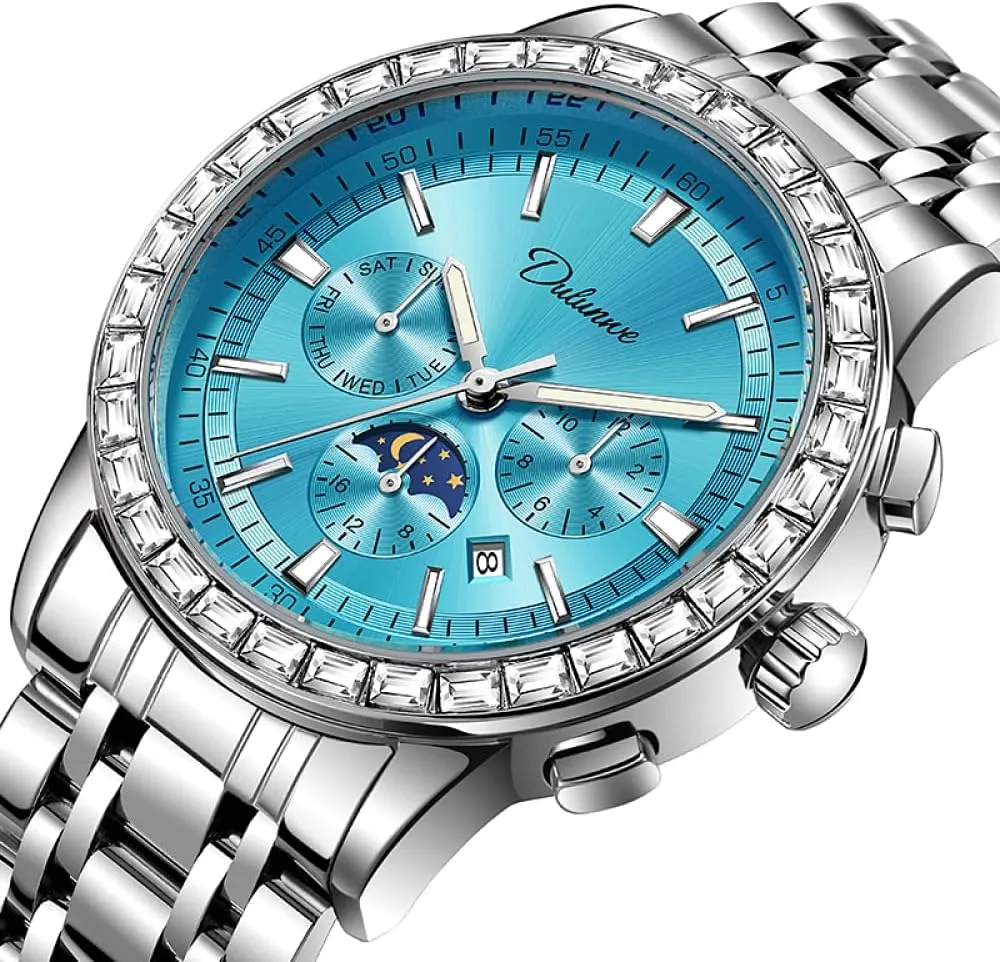 Men's Fashion Gemstone Bezel Automatic Mechanical Watch Moon Phase Stainless Steel Luxury Wristwatch Waterproof Luminous Week Calendar Display Watches