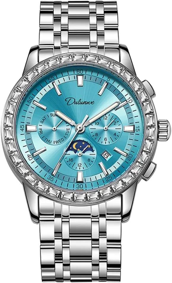 Men's Fashion Gemstone Bezel Automatic Mechanical Watch Moon Phase Stainless Steel Luxury Wristwatch Waterproof Luminous Week Calendar Display Watches