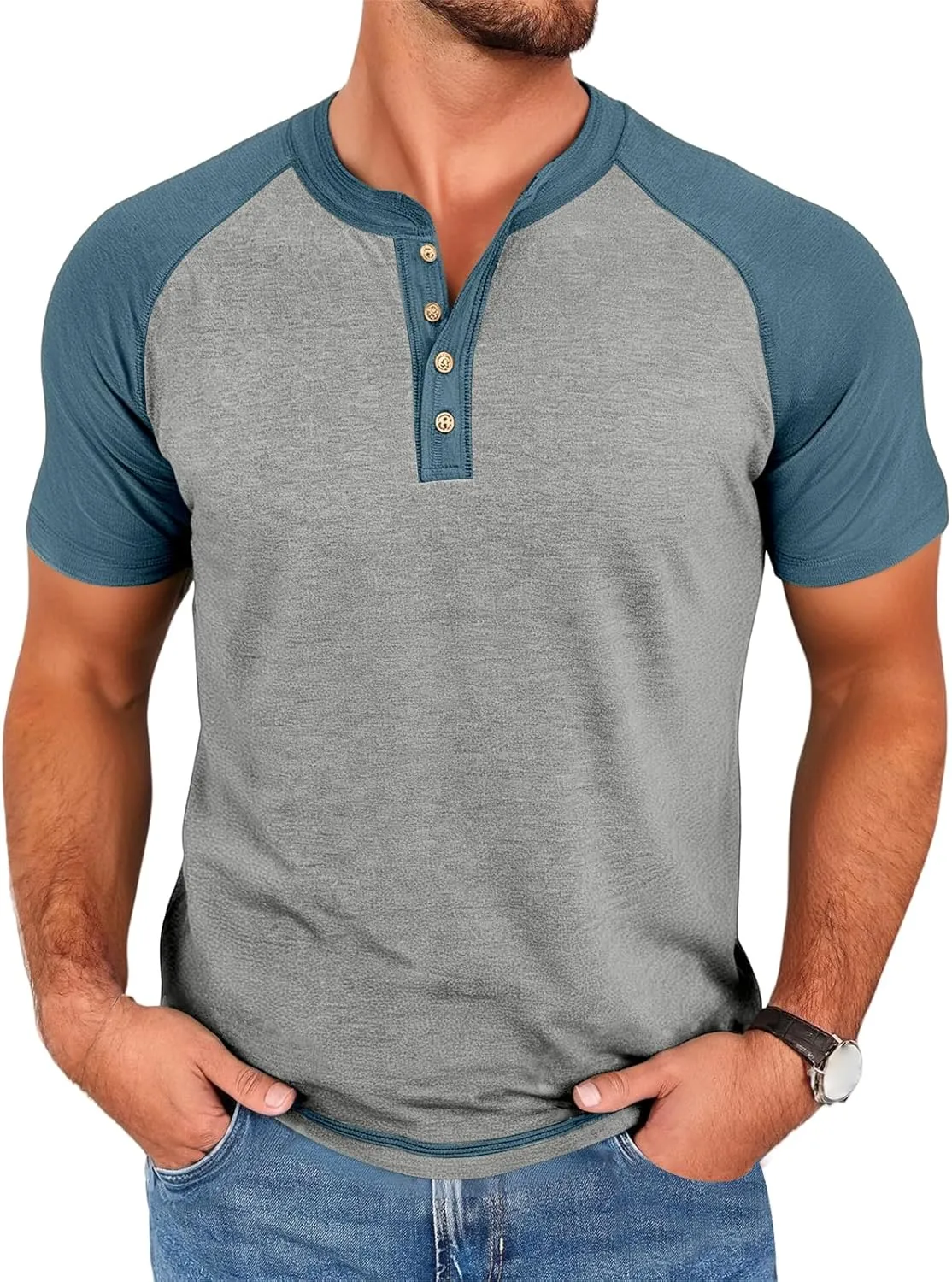 Mens Henley Raglan Short Sleeve T-Shirt Casual Slim Fit Jersey Baseball T Shirts Workout Gym Golf Henley Tee Tops