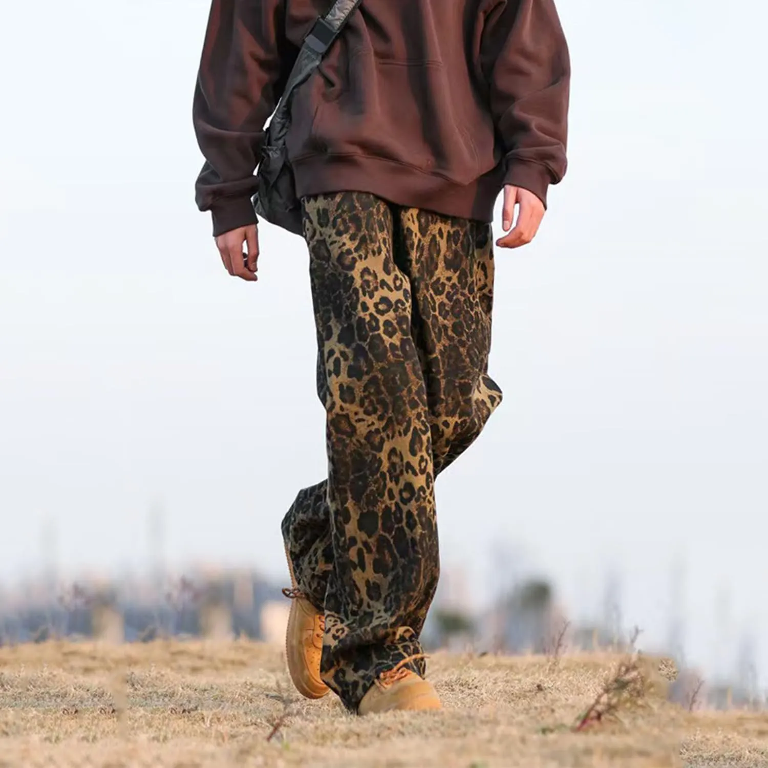 Mens Leopard Print Jeans Womens High Waist Denim Pants Y2K Baggy Casual Streetwear Trousers Unisex
