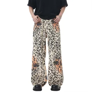 Mens Leopard Print Jeans Womens High Waist Denim Pants Y2K Baggy Casual Streetwear Trousers Unisex