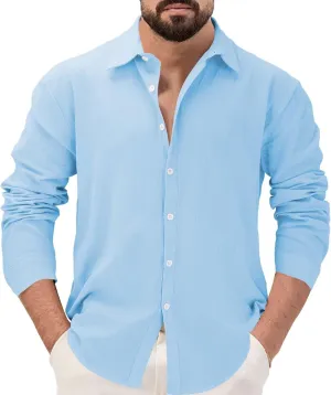Men's Linen Shirts Business Casual Button Down Long Sleeve Work Shirt Solid Lapel Collar Summer Beach T-Shirts 2025