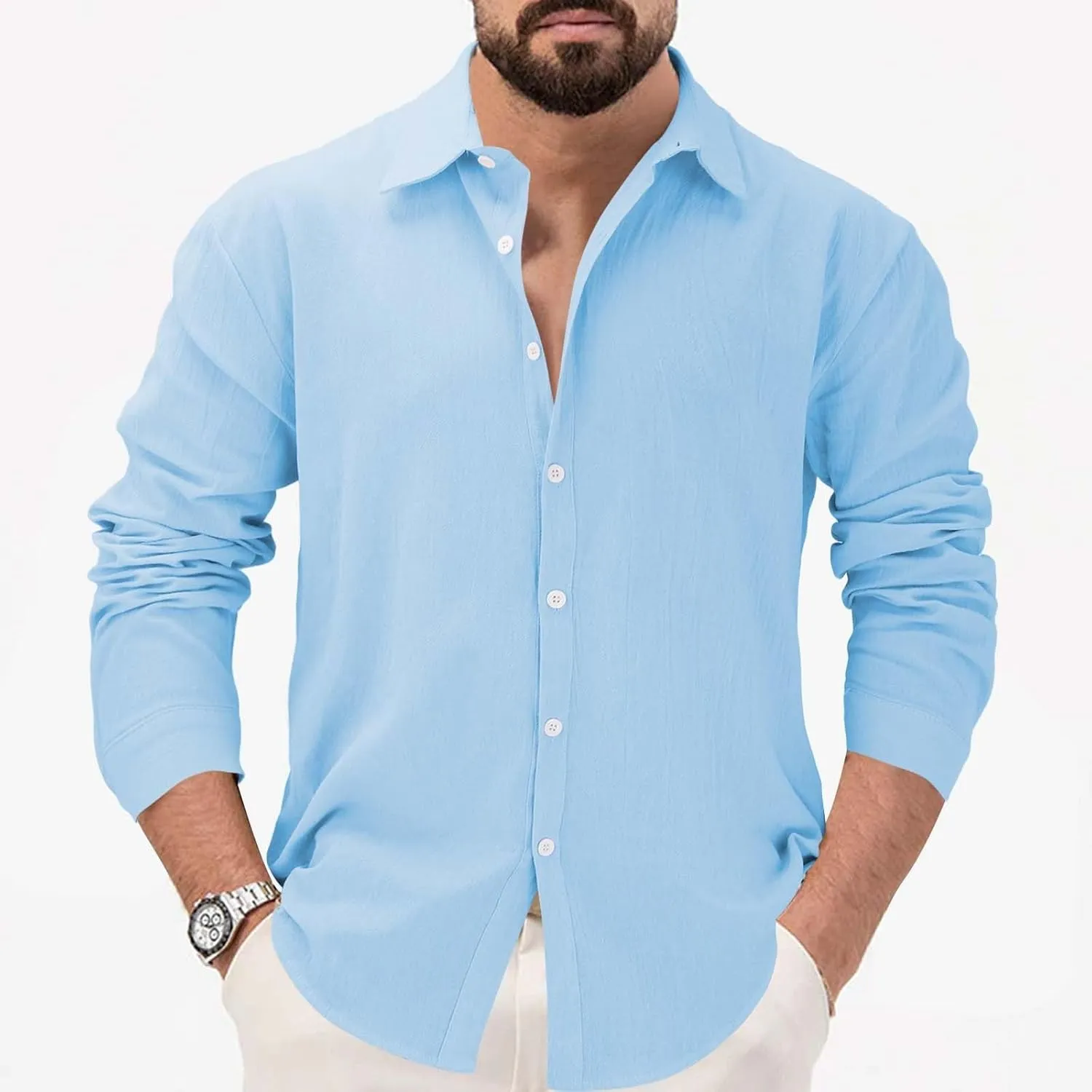 Men's Linen Shirts Business Casual Button Down Long Sleeve Work Shirt Solid Lapel Collar Summer Beach T-Shirts 2025