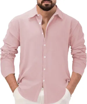 Men's Linen Shirts Business Casual Button Down Long Sleeve Work Shirt Solid Lapel Collar Summer Beach T-Shirts 2025