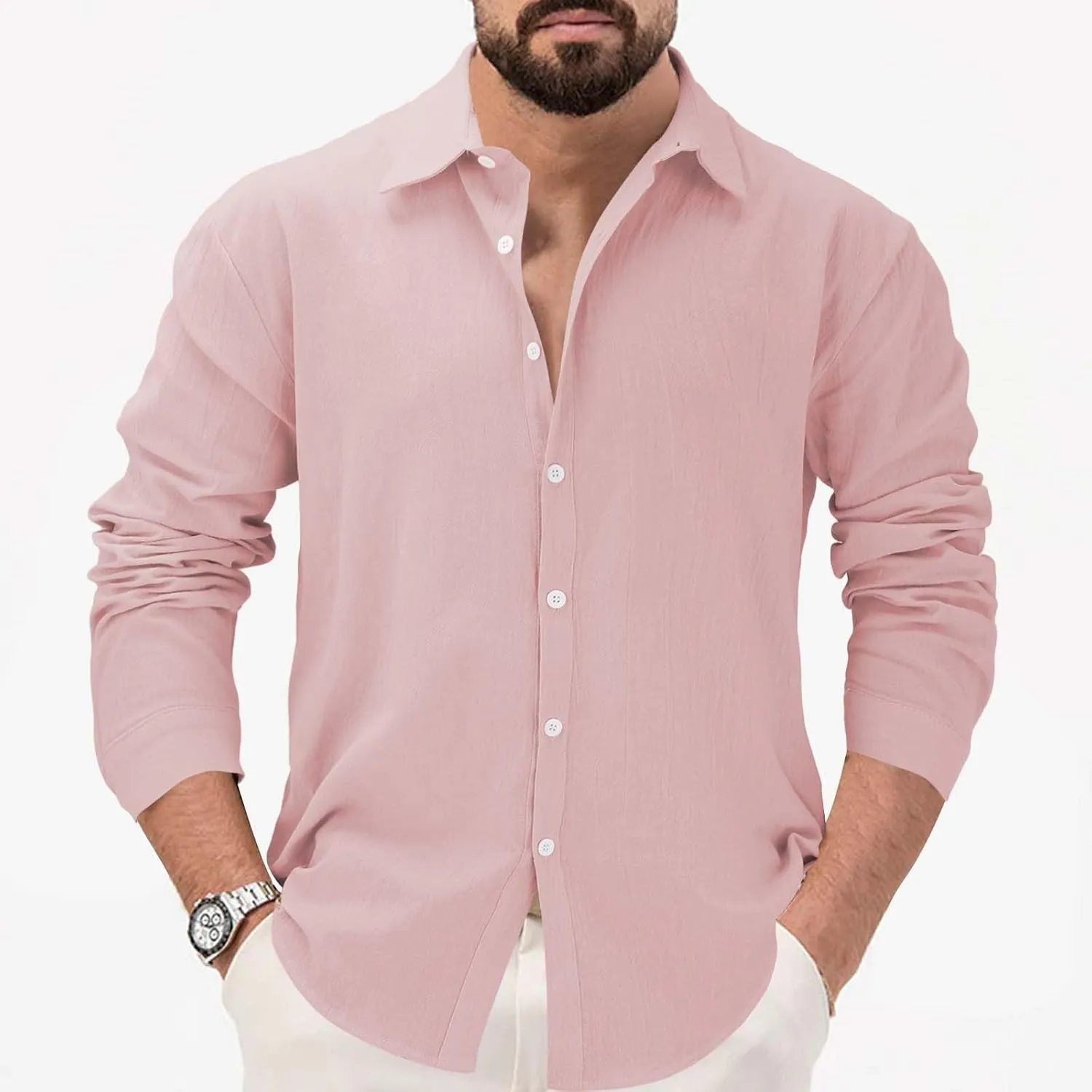 Men's Linen Shirts Business Casual Button Down Long Sleeve Work Shirt Solid Lapel Collar Summer Beach T-Shirts 2025