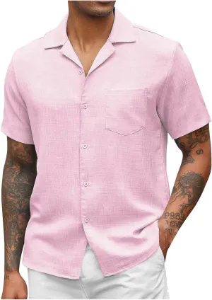 Men's Linen Shirts Short Sleeve Button Down Casual Shirt Business Dress Shirts for Men Fashion Beach Summer Tops with Pocket