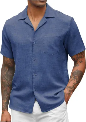 Men's Linen Shirts Short Sleeve Button Down Casual Shirt Business Dress Shirts for Men Fashion Beach Summer Tops with Pocket