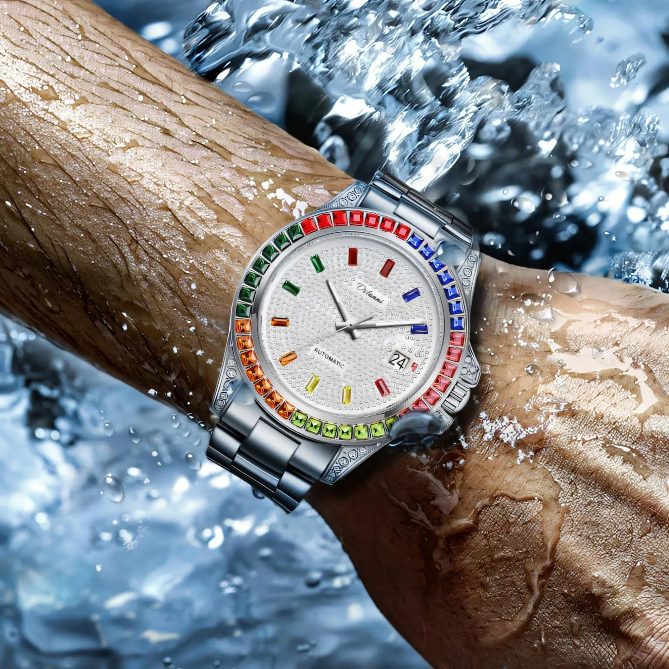 Men's Luxury Gold Watch Colored Diamond Full Rhinestone Dial Automatic Mechanical Wristwatch Stainless Steel Waterproof Date Watches for Men