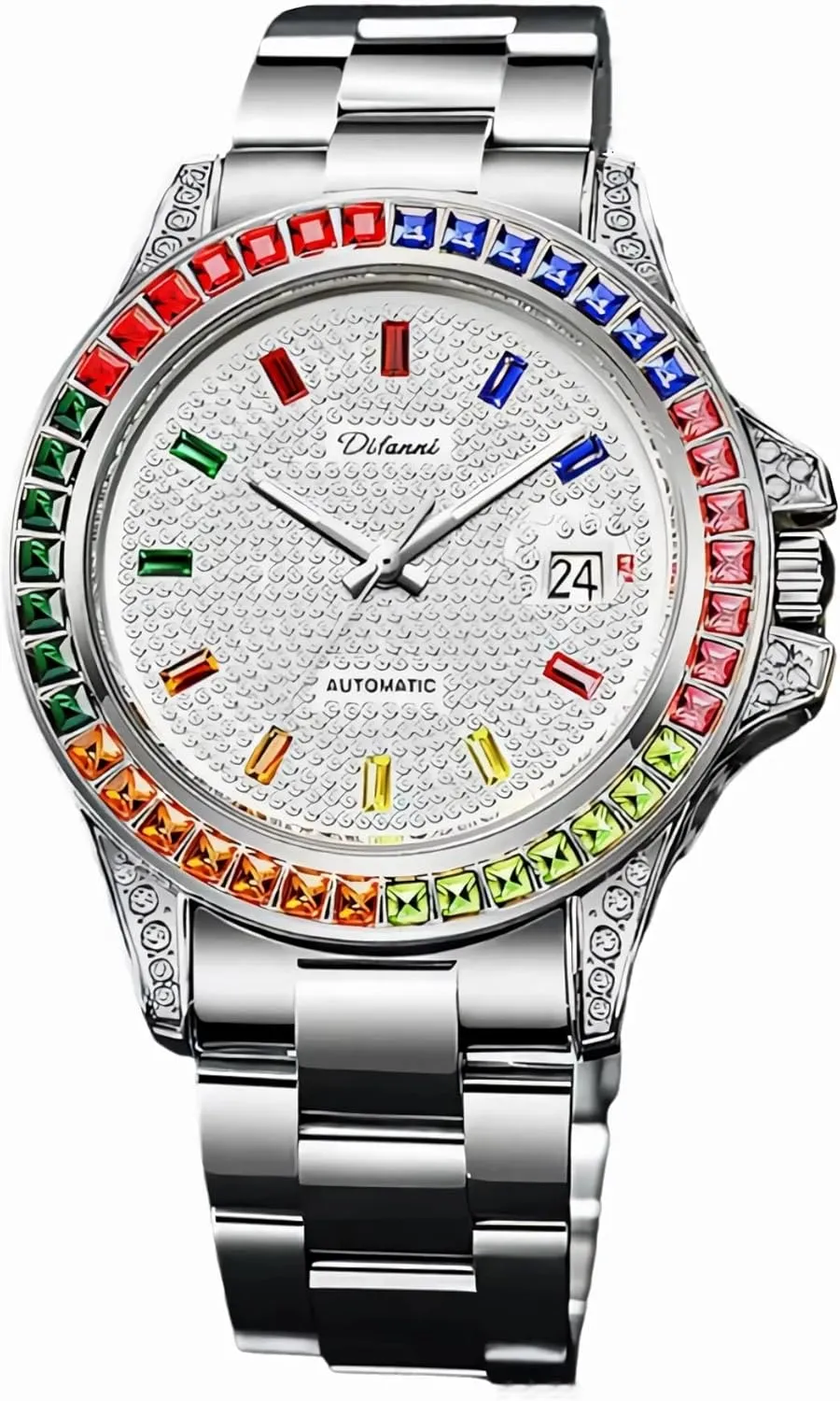 Men's Luxury Gold Watch Colored Diamond Full Rhinestone Dial Automatic Mechanical Wristwatch Stainless Steel Waterproof Date Watches for Men