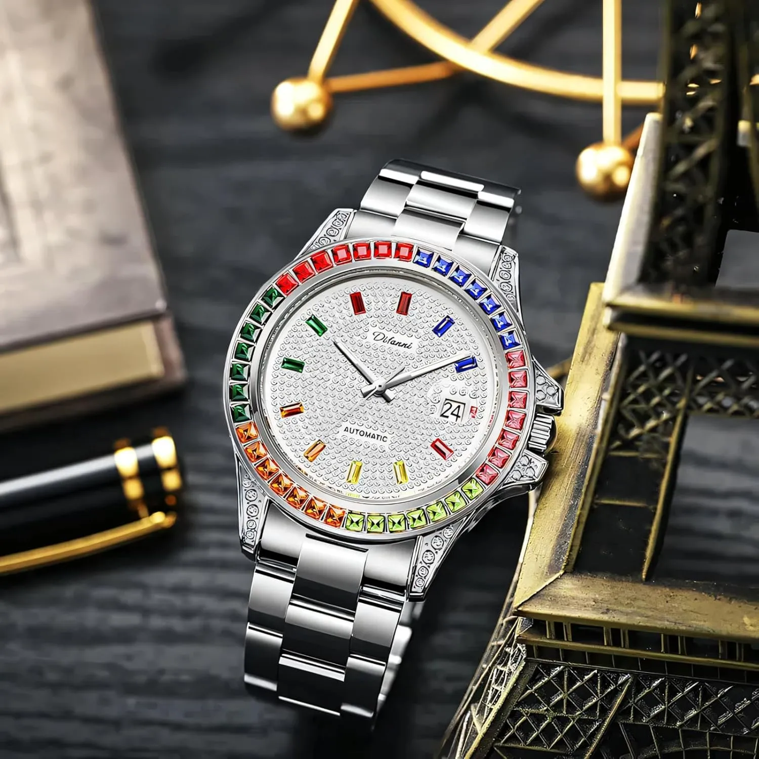 Men's Luxury Gold Watch Colored Diamond Full Rhinestone Dial Automatic Mechanical Wristwatch Stainless Steel Waterproof Date Watches for Men