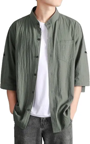 Mens Shirts 3/4 Sleeve Cotton Linen Henley Shirt Japanese Style Casual Stand Collar Button Down T Shirts Pockets Tops
