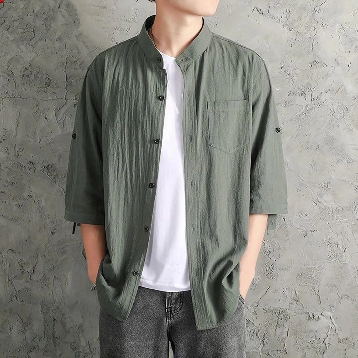 Mens Shirts 3/4 Sleeve Cotton Linen Henley Shirt Japanese Style Casual Stand Collar Button Down T Shirts Pockets Tops