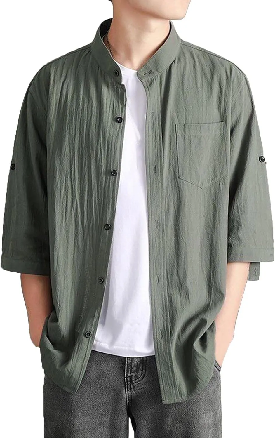 Mens Shirts 3/4 Sleeve Cotton Linen Henley Shirt Japanese Style Casual Stand Collar Button Down T Shirts Pockets Tops