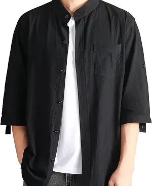 Mens Shirts 3/4 Sleeve Cotton Linen Henley Shirt Japanese Style Casual Stand Collar Button Down T Shirts Pockets Tops