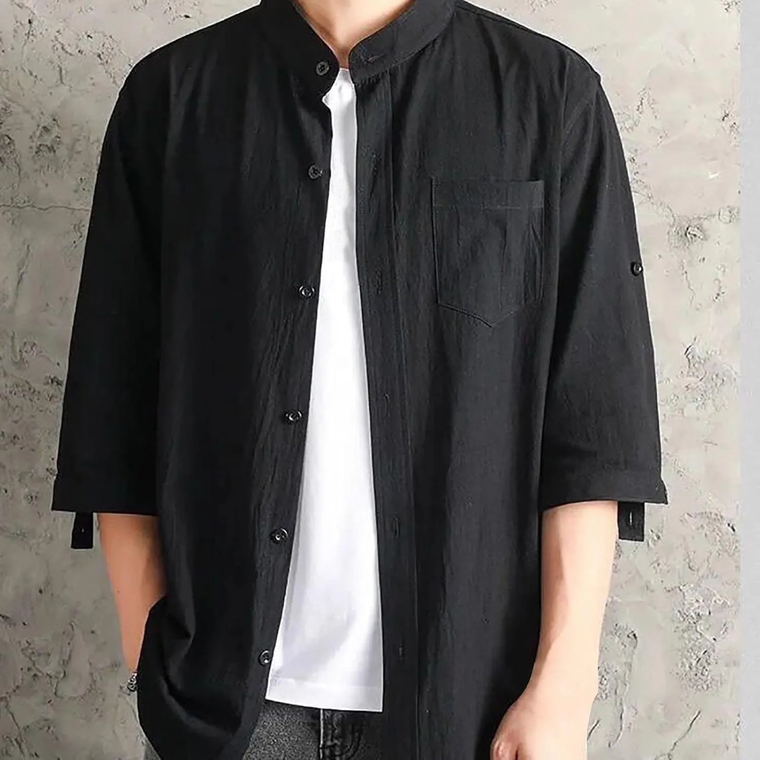 Mens Shirts 3/4 Sleeve Cotton Linen Henley Shirt Japanese Style Casual Stand Collar Button Down T Shirts Pockets Tops