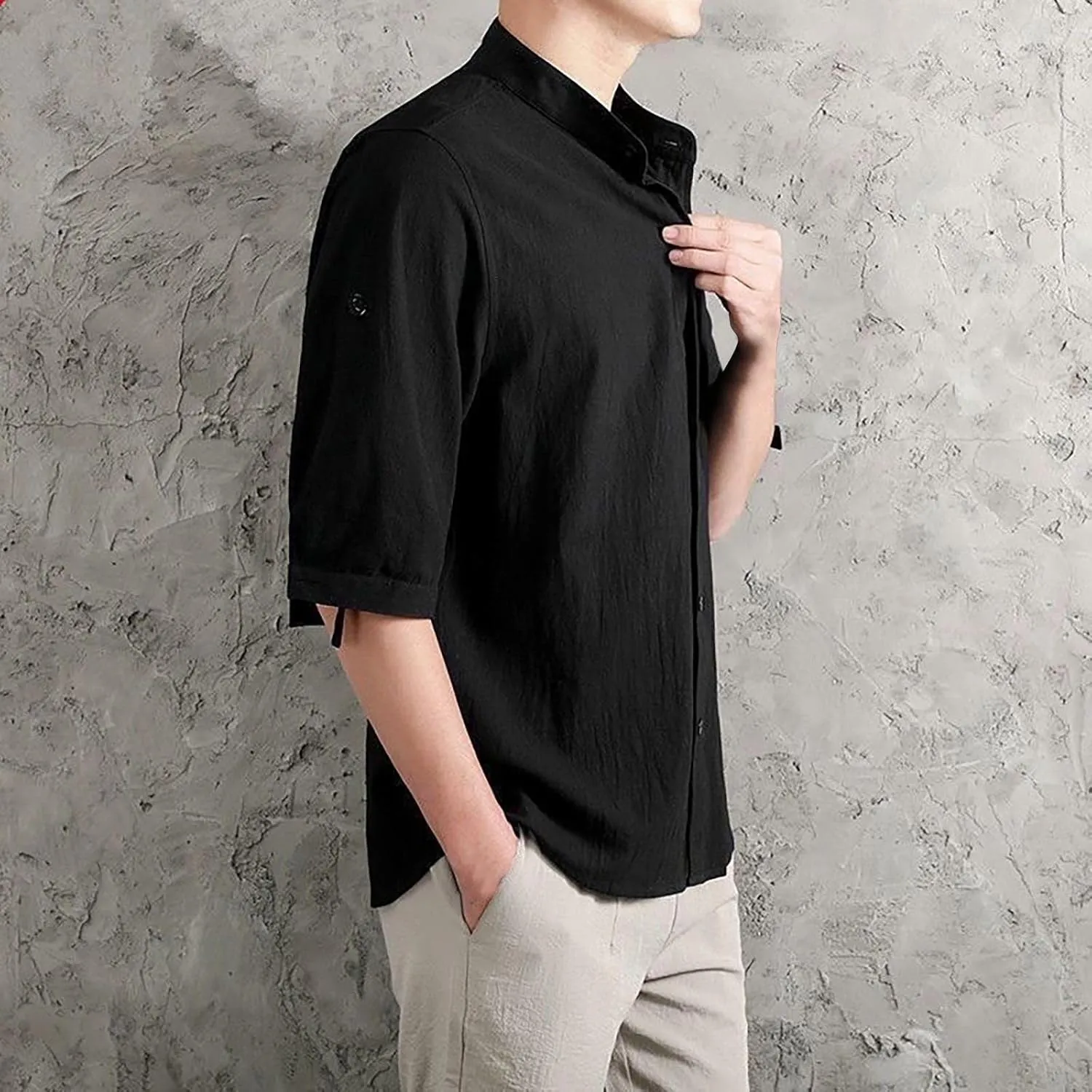 Mens Shirts 3/4 Sleeve Cotton Linen Henley Shirt Japanese Style Casual Stand Collar Button Down T Shirts Pockets Tops