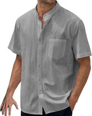 Men's Short Sleeve Fashion Casual Shirt Short Button Down Linen Shirt Summer Beach Vacation Wedding Shirts