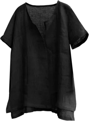 Mens V-Neck Henley Shirt Short Sleeve Collarless T Shirt Cotton Linen Solid Color Shirts Plus Size Fit Flowy Beach Tops