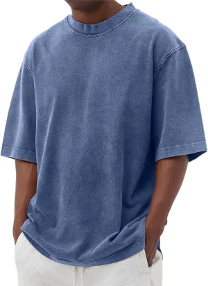 Men's Vintage Oversized Short Sleeve Shirts Summer Casual Crew Neck T-Shirt Distressed Washed Tops