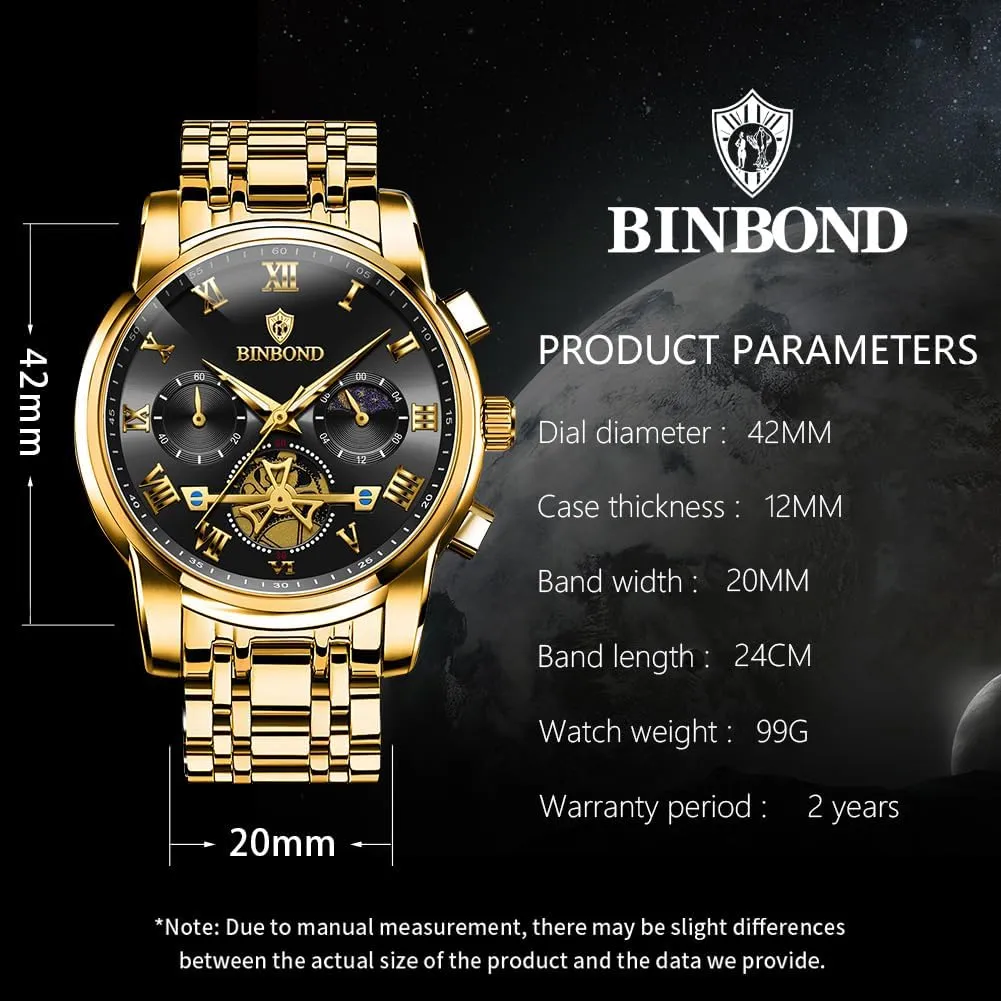 Mens Watches Chronograph Luxury Business Dress Stainless Steel Flywheel Multifunction Moon Phase Men Wrist Watch Waterproof Luminous