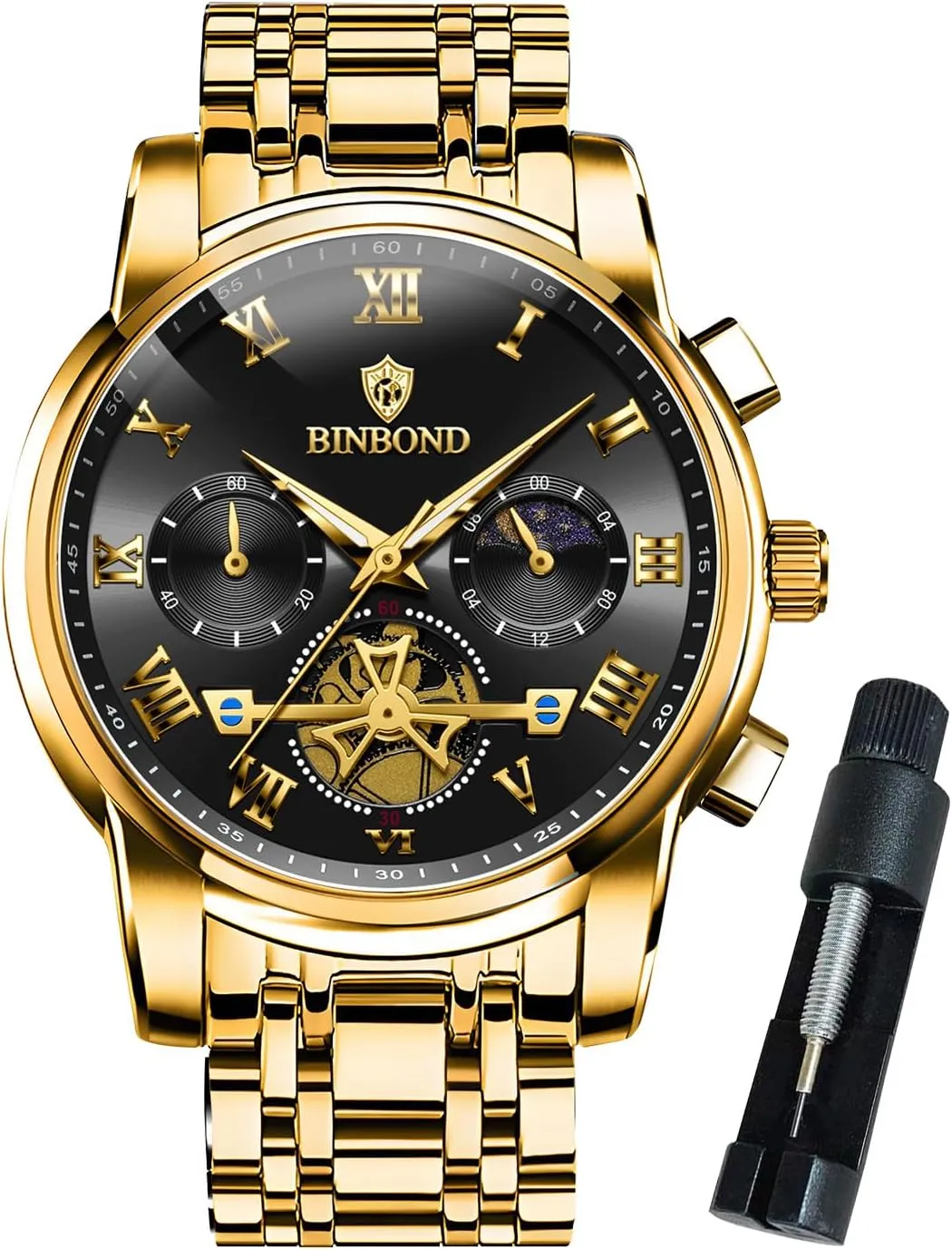 Mens Watches Chronograph Luxury Business Dress Stainless Steel Flywheel Multifunction Moon Phase Men Wrist Watch Waterproof Luminous