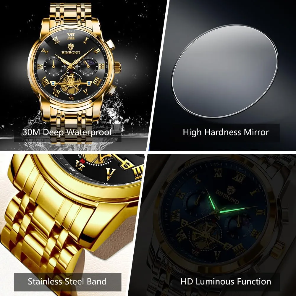 Mens Watches Chronograph Luxury Business Dress Stainless Steel Flywheel Multifunction Moon Phase Men Wrist Watch Waterproof Luminous