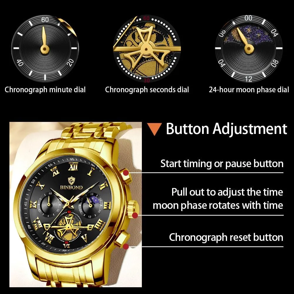 Mens Watches Chronograph Luxury Business Dress Stainless Steel Flywheel Multifunction Moon Phase Men Wrist Watch Waterproof Luminous
