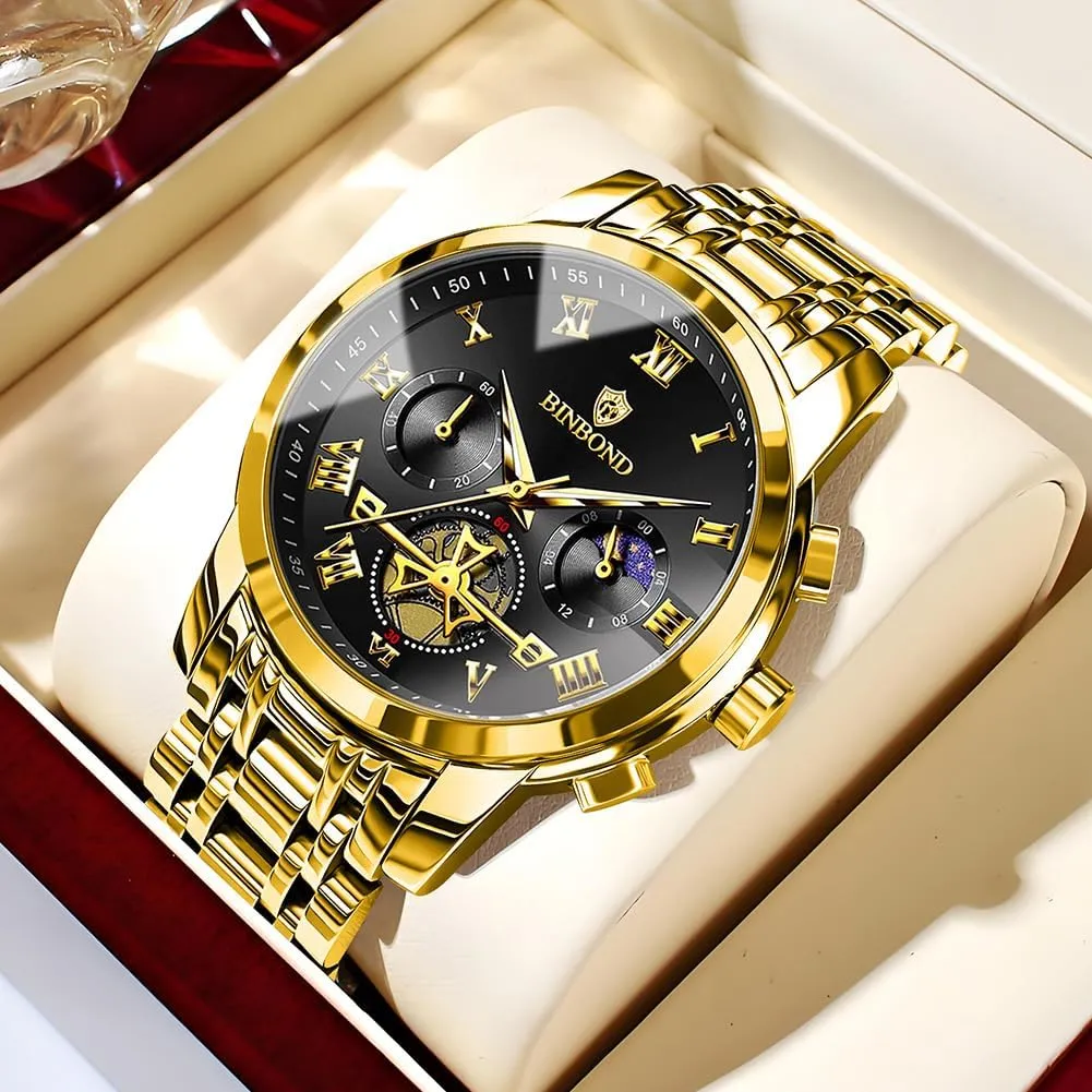 Mens Watches Chronograph Luxury Business Dress Stainless Steel Flywheel Multifunction Moon Phase Men Wrist Watch Waterproof Luminous