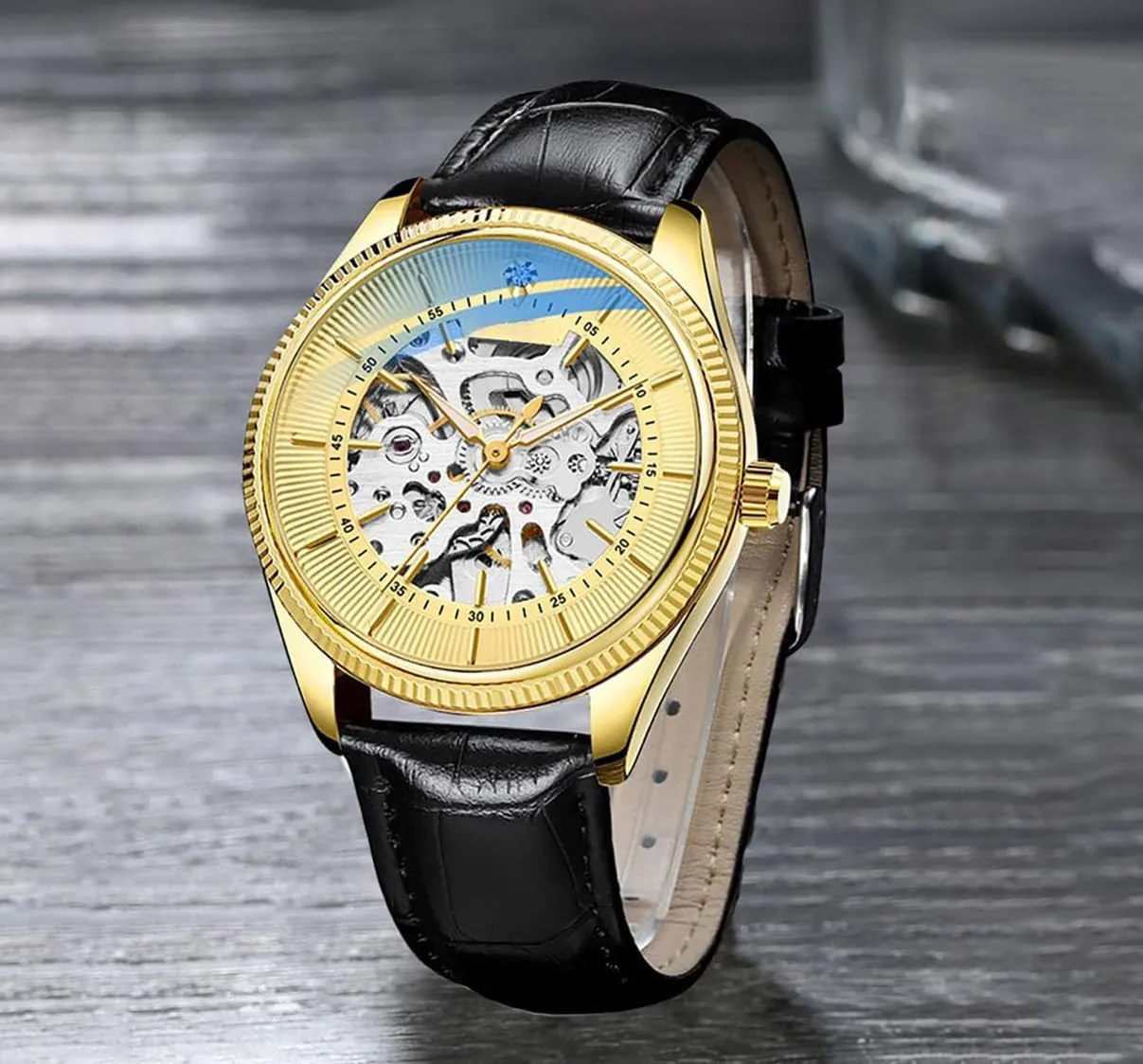 Men's Watches Leather Watch Fashion Skeleton Waterproof Wrist Watch Automatic Mechanical Wrist Watch