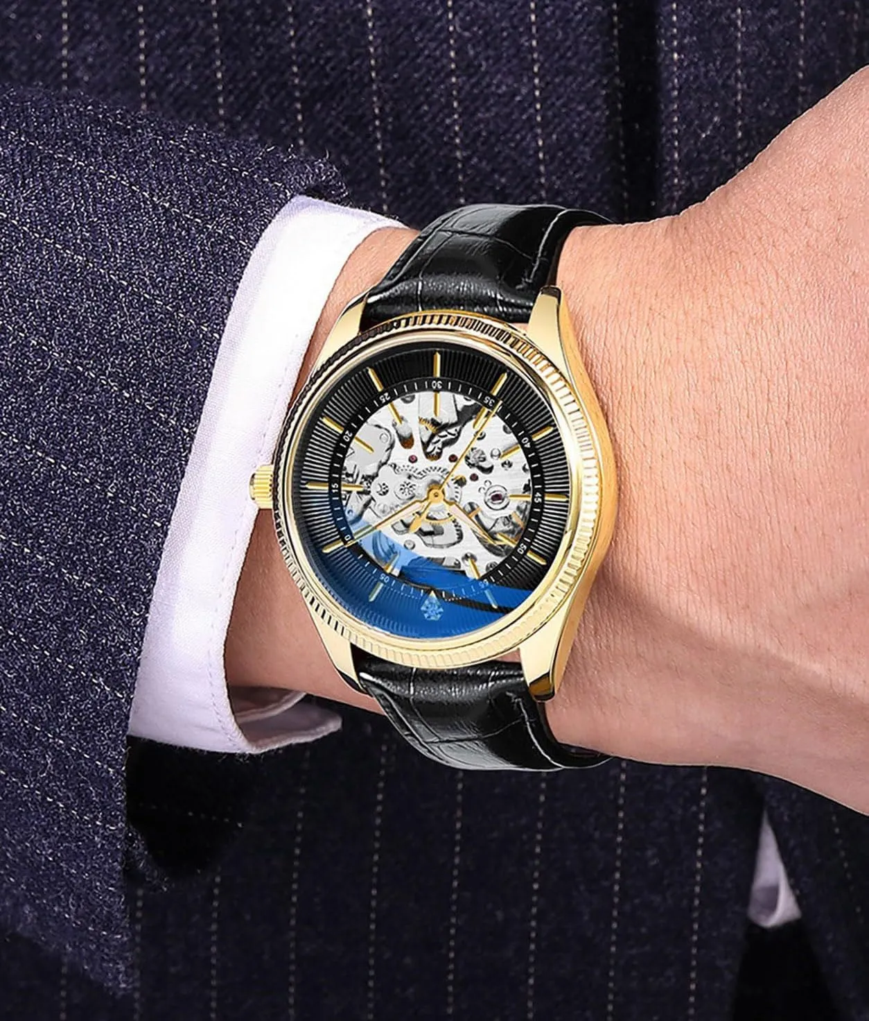Men's Watches Leather Watch Fashion Skeleton Waterproof Wrist Watch Automatic Mechanical Wrist Watch