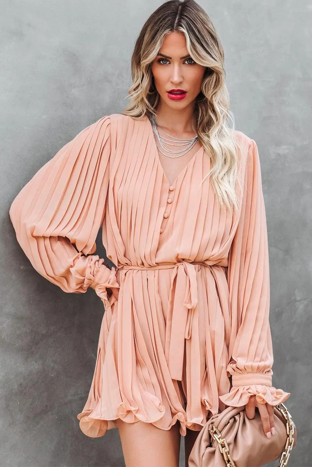 Meufam Women 2023 Summer V Neck Button Romper Tie Waist Flared Pleated Drape Long Sleeve Beach Shorts Jumpsuits Dressy