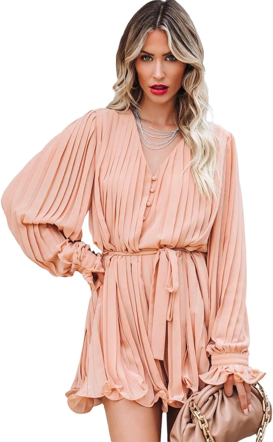Meufam Women 2023 Summer V Neck Button Romper Tie Waist Flared Pleated Drape Long Sleeve Beach Shorts Jumpsuits Dressy