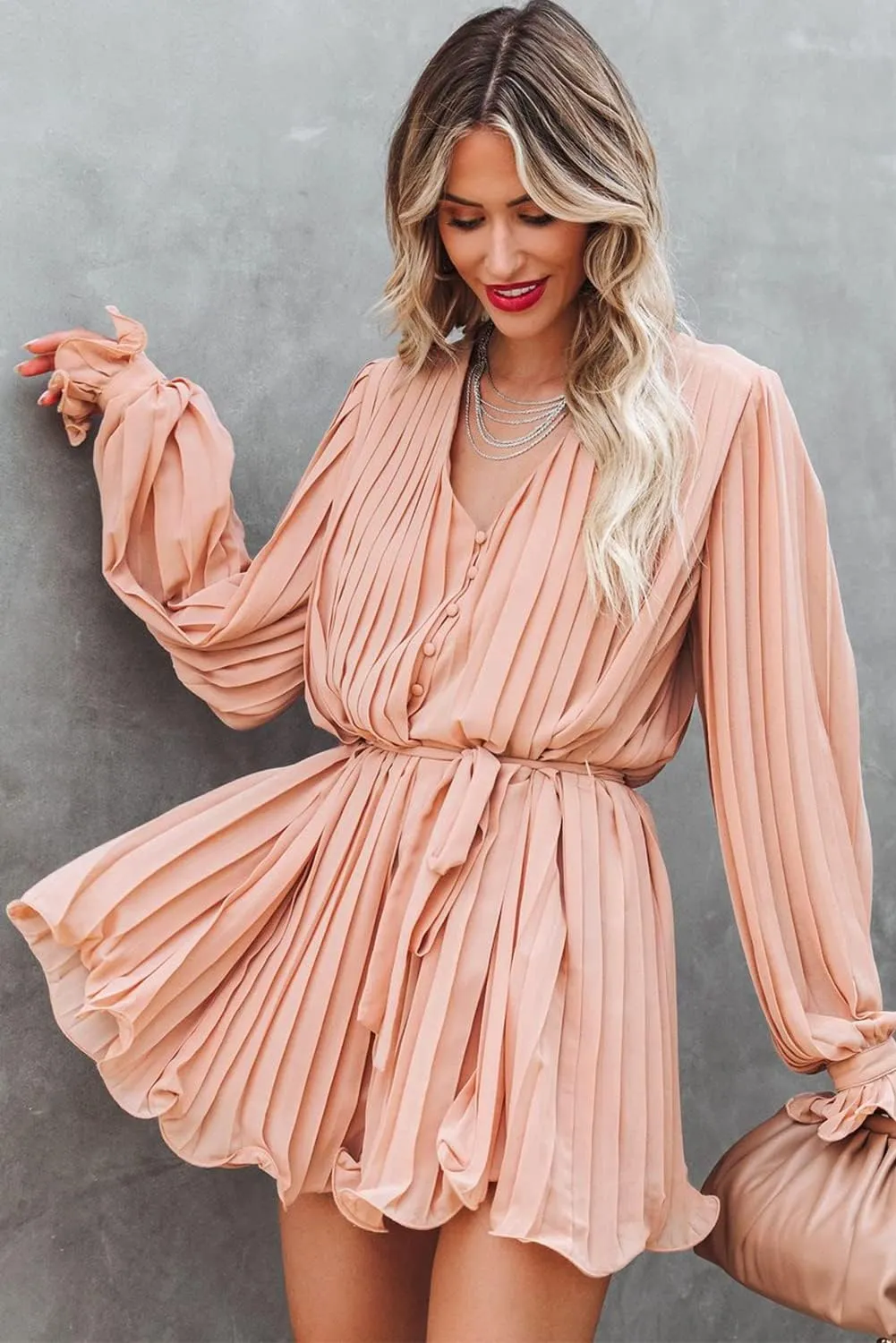 Meufam Women 2023 Summer V Neck Button Romper Tie Waist Flared Pleated Drape Long Sleeve Beach Shorts Jumpsuits Dressy