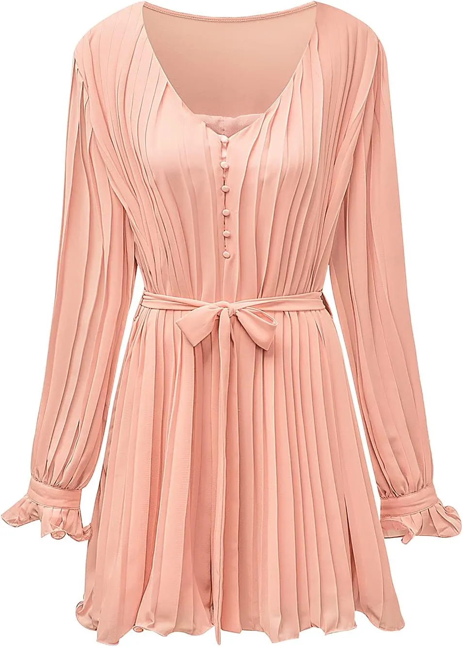 Meufam Women 2023 Summer V Neck Button Romper Tie Waist Flared Pleated Drape Long Sleeve Beach Shorts Jumpsuits Dressy
