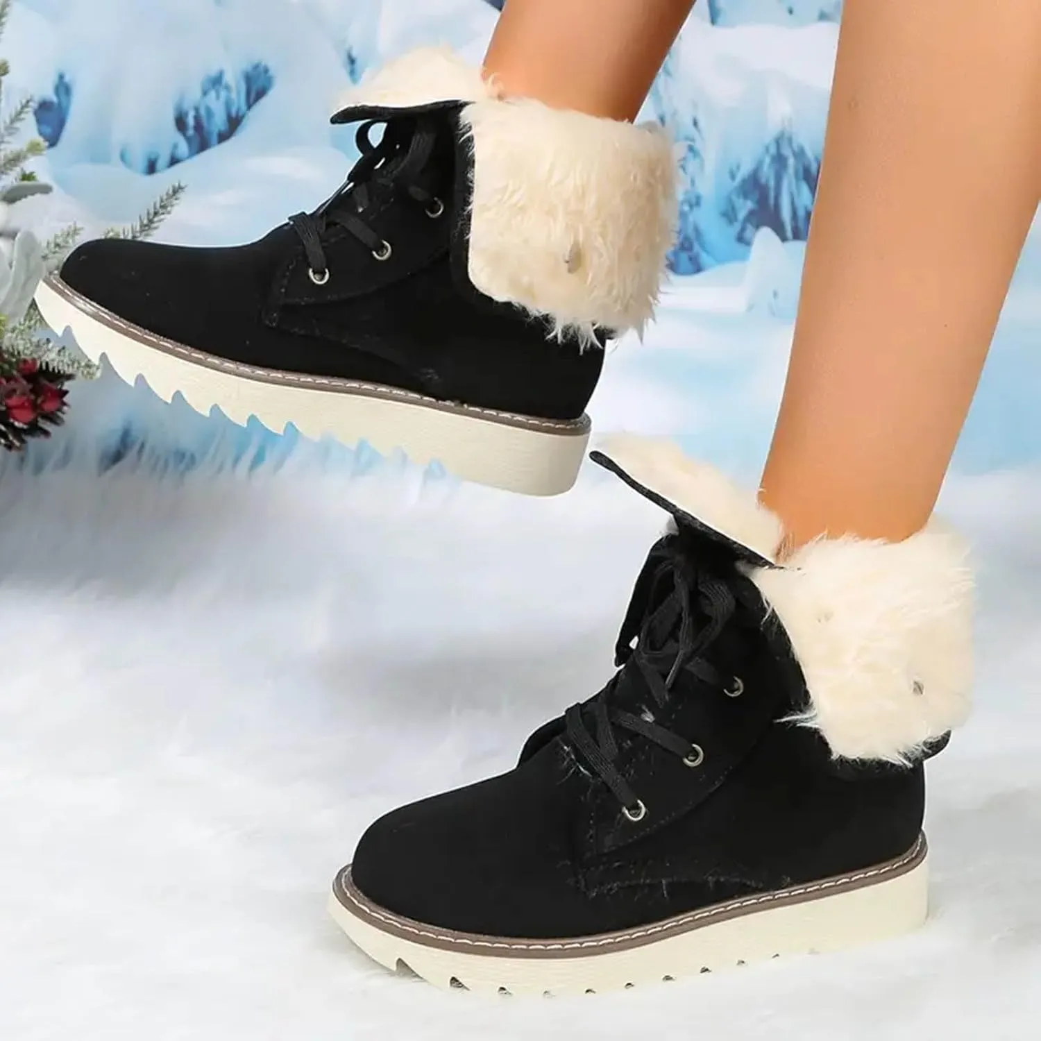 Mid Calf Boots High Top Ankle Boots for Women Fashion Padded Low Heel Warm Round Toe Lace Up Flat Thick Boots