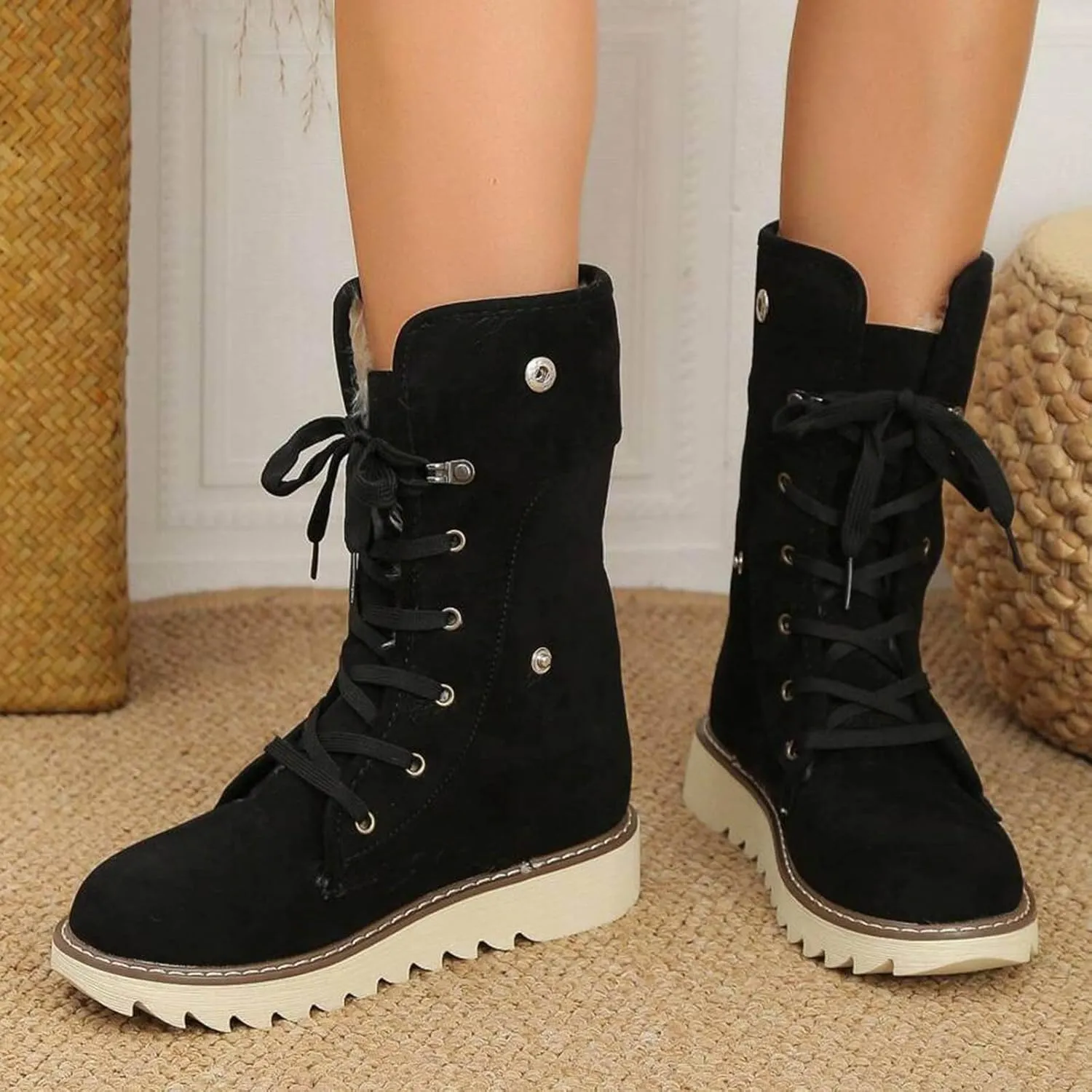 Mid Calf Boots High Top Ankle Boots for Women Fashion Padded Low Heel Warm Round Toe Lace Up Flat Thick Boots