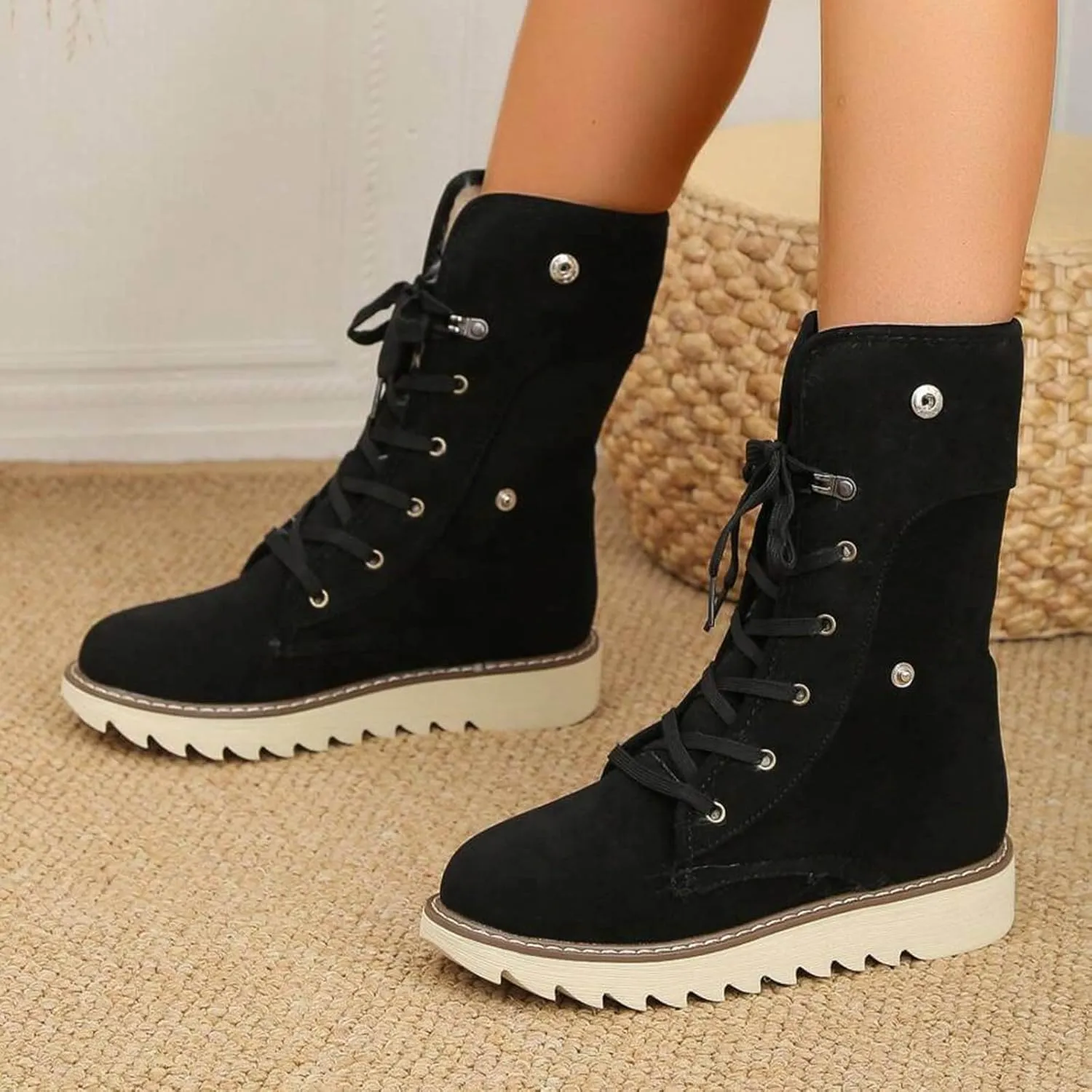 Mid Calf Boots High Top Ankle Boots for Women Fashion Padded Low Heel Warm Round Toe Lace Up Flat Thick Boots