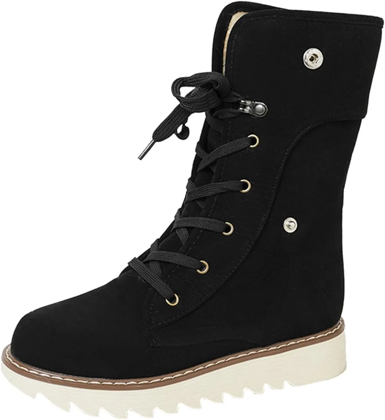 Mid Calf Boots High Top Ankle Boots for Women Fashion Padded Low Heel Warm Round Toe Lace Up Flat Thick Boots