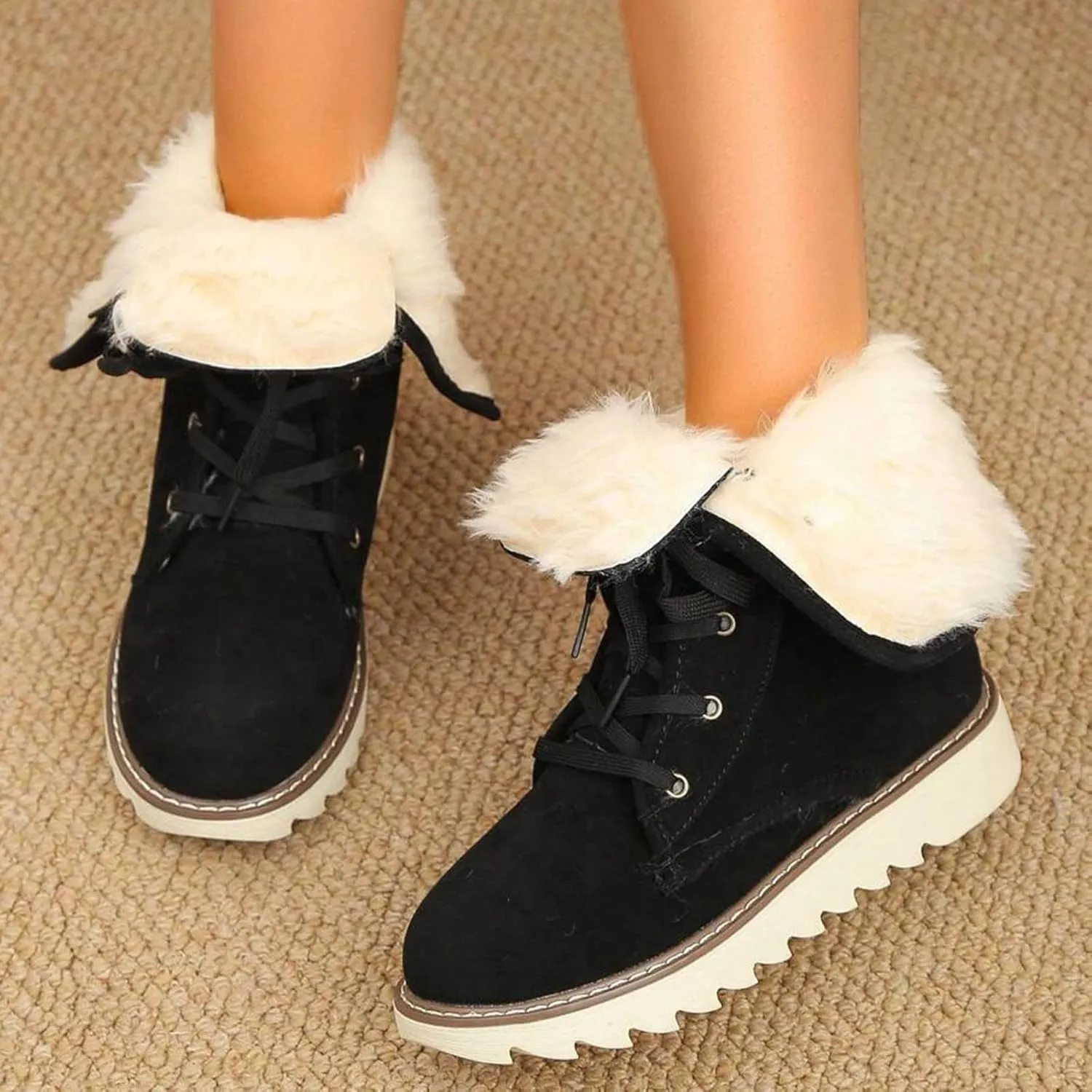 Mid Calf Boots High Top Ankle Boots for Women Fashion Padded Low Heel Warm Round Toe Lace Up Flat Thick Boots