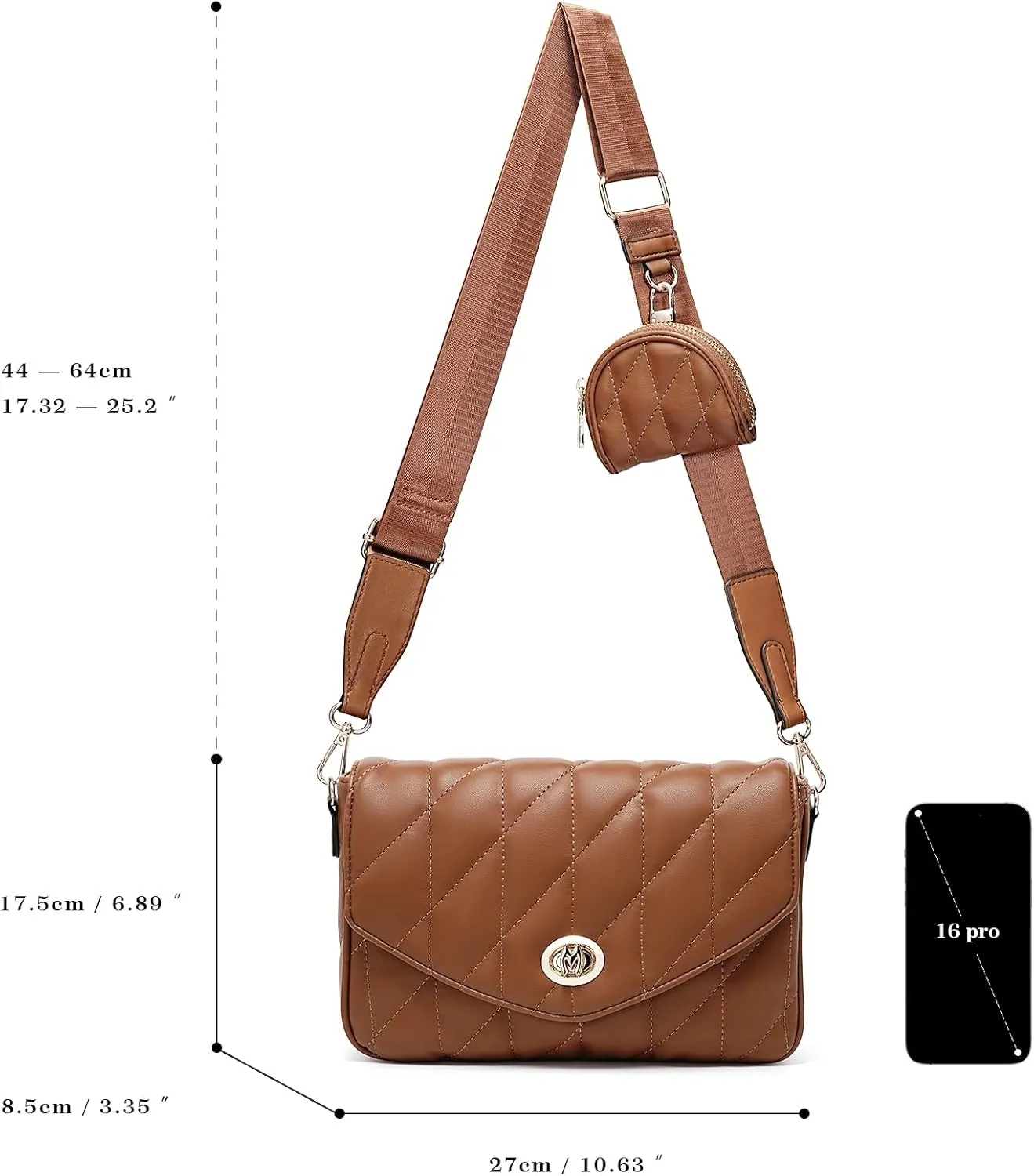molshine Women's Quilted Crossbody Bag, PU Leather Trendy Shoulder Bag Clutch with Detachable Coin Purse Pouch