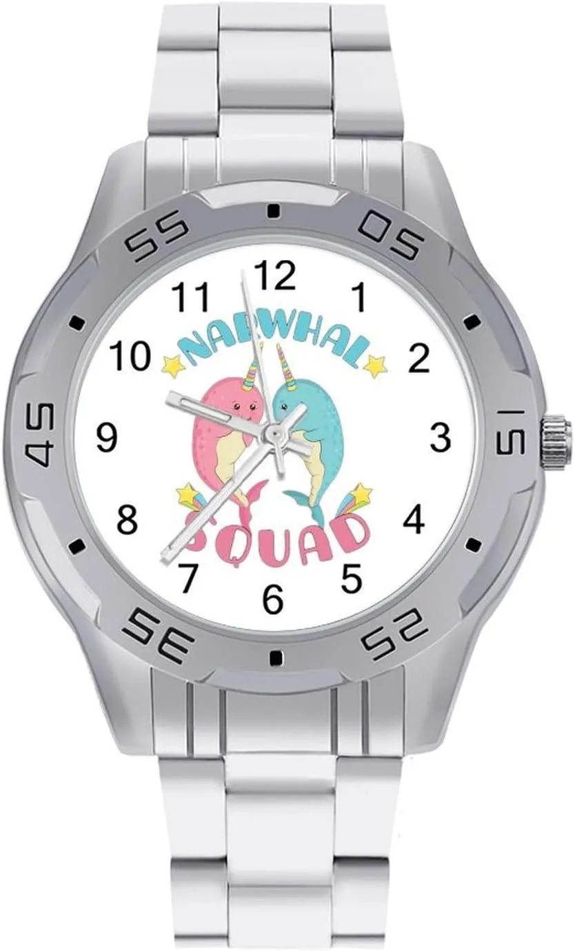 Narwhal Squad Stainless Steel Metal Strap Simple Business Watches for Men Easy Reader Work Casual Watch